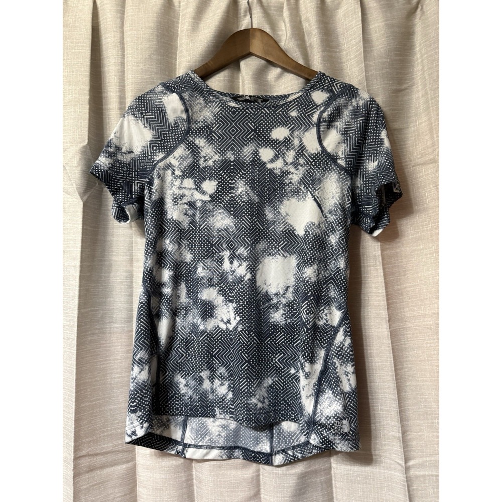 Women's LG The North Face Blie Print Design Short Sleeve Shirt Outdoor Geometric